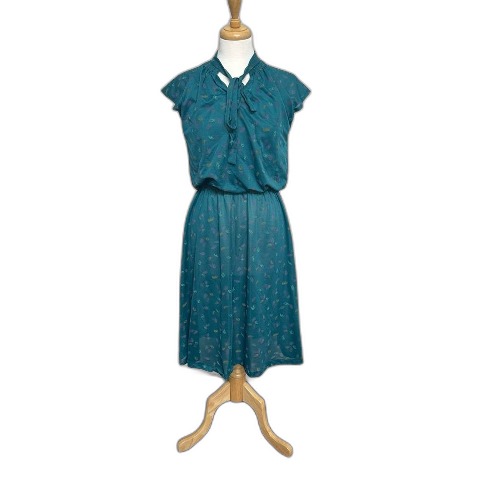 Retro 80s Cap Sleeve Dress - Teal w/ Purple/Yellow Feathers - Women Size S